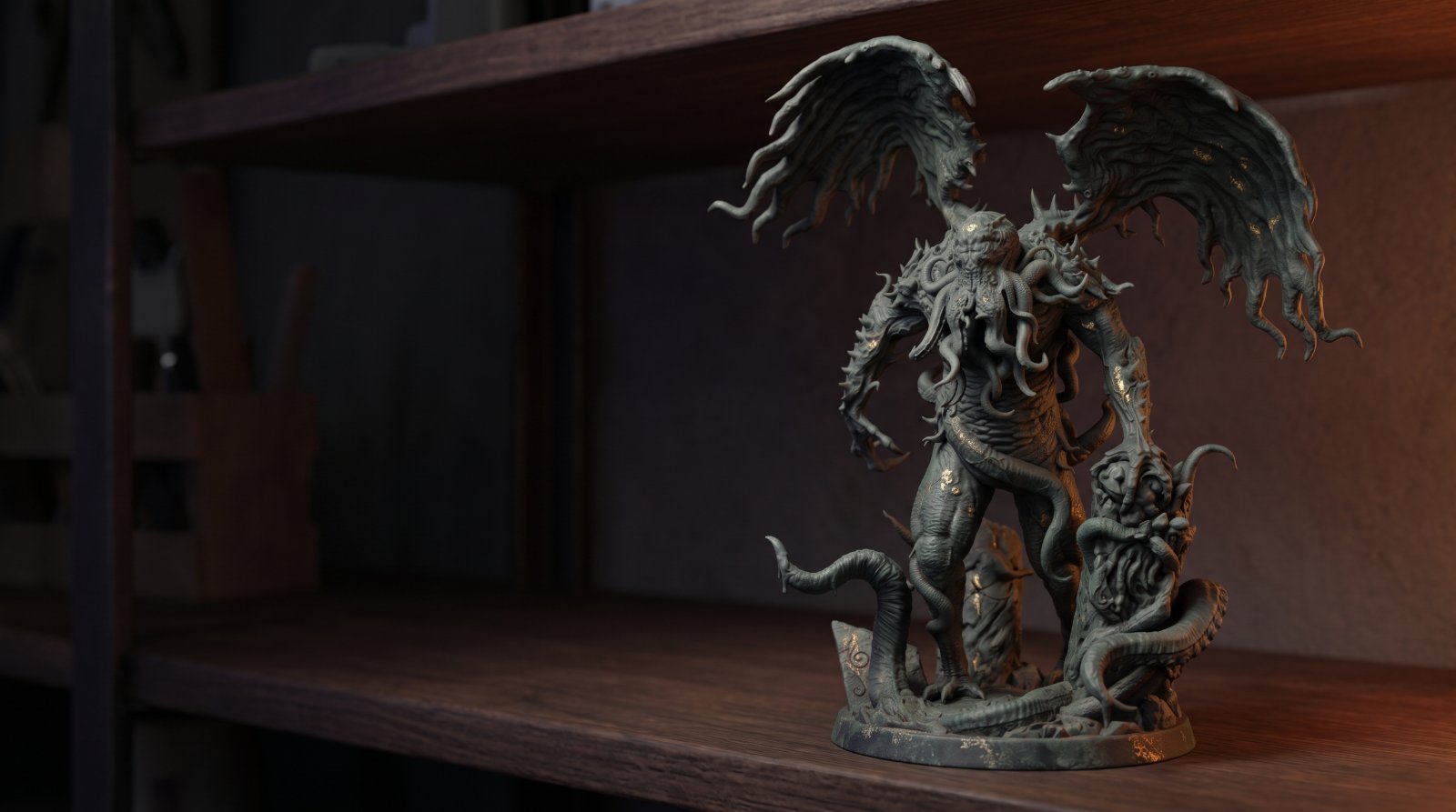 Przykład figurki Cthulhu pomalowanej na zielonkawoczarny kamień ze złotymi drobinami