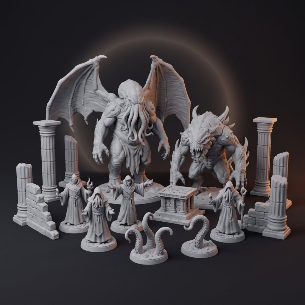 Zestaw Kult Cthulhu z szarej żywicy: Cthulhu, Gwiezdny Pomiot, kultyści, macki, ołtarz i świątynia
