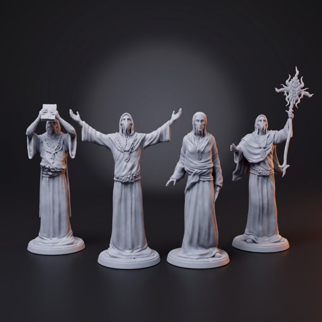 Czterech kultystów Cthulhu, figurki 40 mm z szarej żywicy